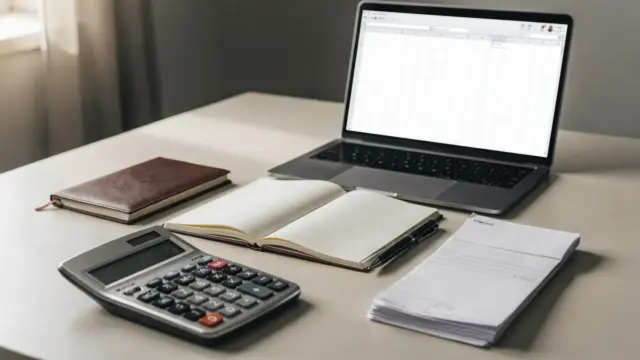 Gründer kalkuliert Preise am Schreibtisch mit Taschenrechner, Laptop und Unterlagen