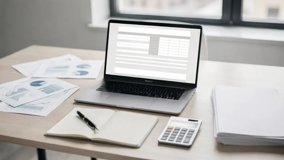 Businessplan für den Gründungszuschuss: Schreibtisch mit Unterlagen, Laptop und Kalkulation