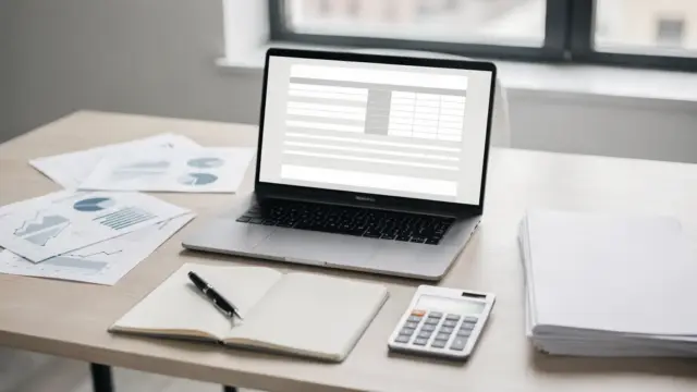 Businessplan für den Gründungszuschuss: Schreibtisch mit Unterlagen, Laptop und Kalkulation