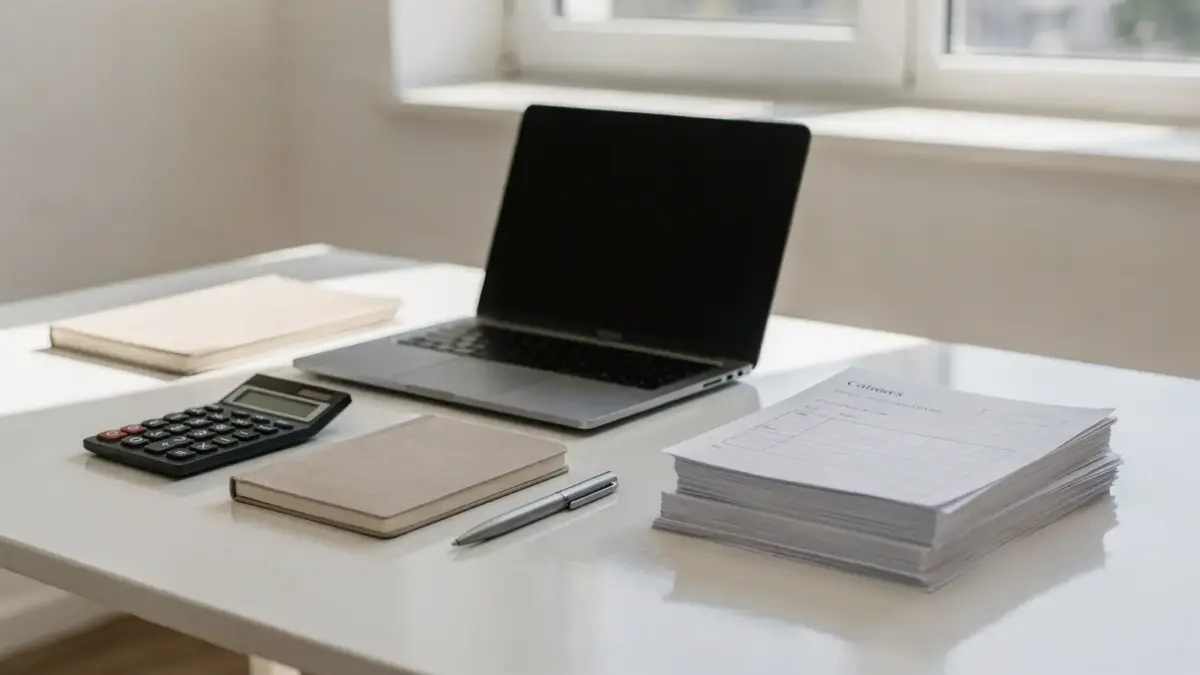 Büro-Setup zur Kleinunternehmer-Gründung mit Laptop, Unterlagen und Taschenrechner