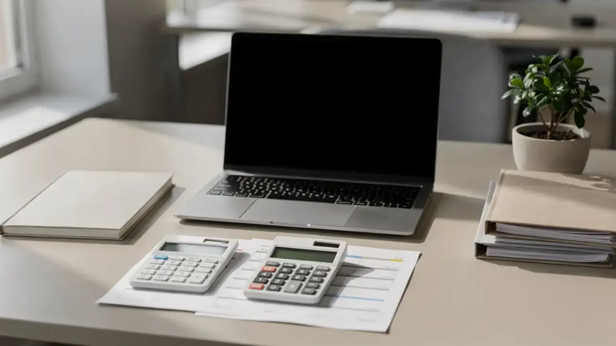 Gründer planen Rücklagen mit Laptop, Notizbuch, Taschenrechner und Finanzunterlagen am Schreibtisch