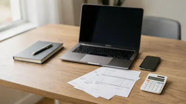 Arbeitsplatz mit Laptop und Unterlagen zum Thema Haftpflicht für ein Online-Business