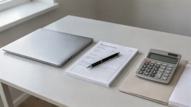 Unterlagen zum Gründungszuschuss beantragen auf einem Schreibtisch mit Laptop, Formularen und Stift