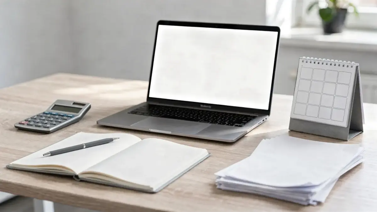 Arbeitsplatz mit Laptop und Unterlagen zum Gründungszuschuss und den Voraussetzungen für die Existenzgründung