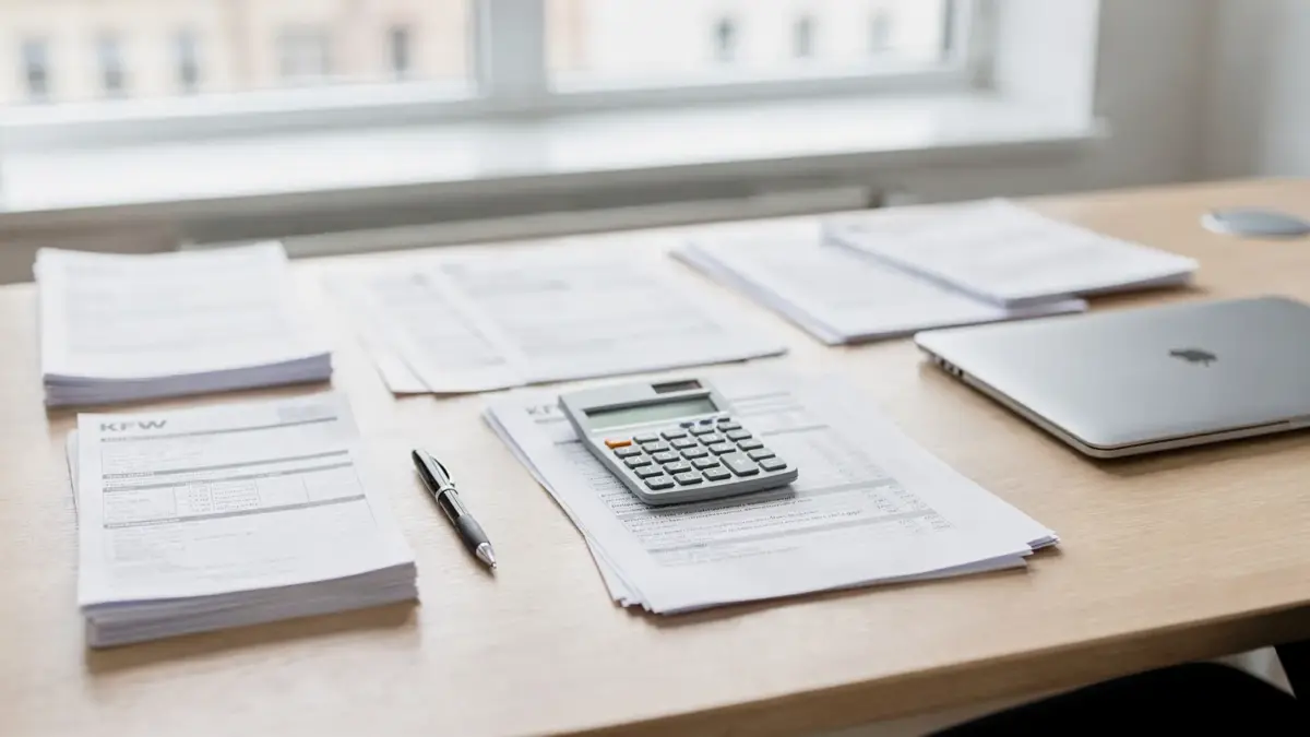Unterlagen für KfW-Finanzierung: Dokumente, Rechner und Laptop auf einem Schreibtisch
