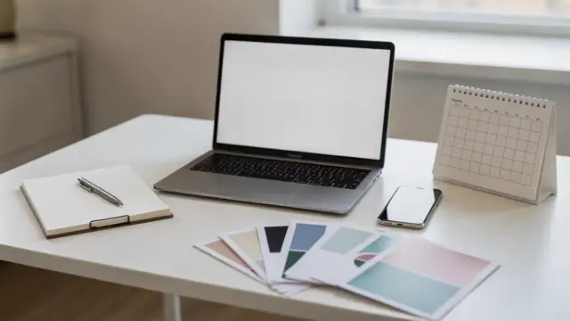 Start in die Selbstständigkeit mit Laptop, Notizbuch und Marketingmaterial auf einem Schreibtisch