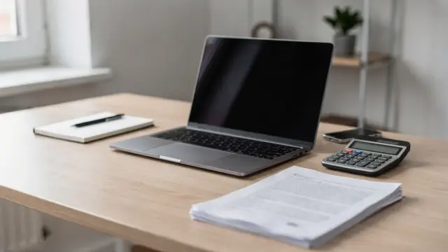 Homeoffice mit Laptop und Unterlagen zum Thema Gründungszuschuss und Förderung