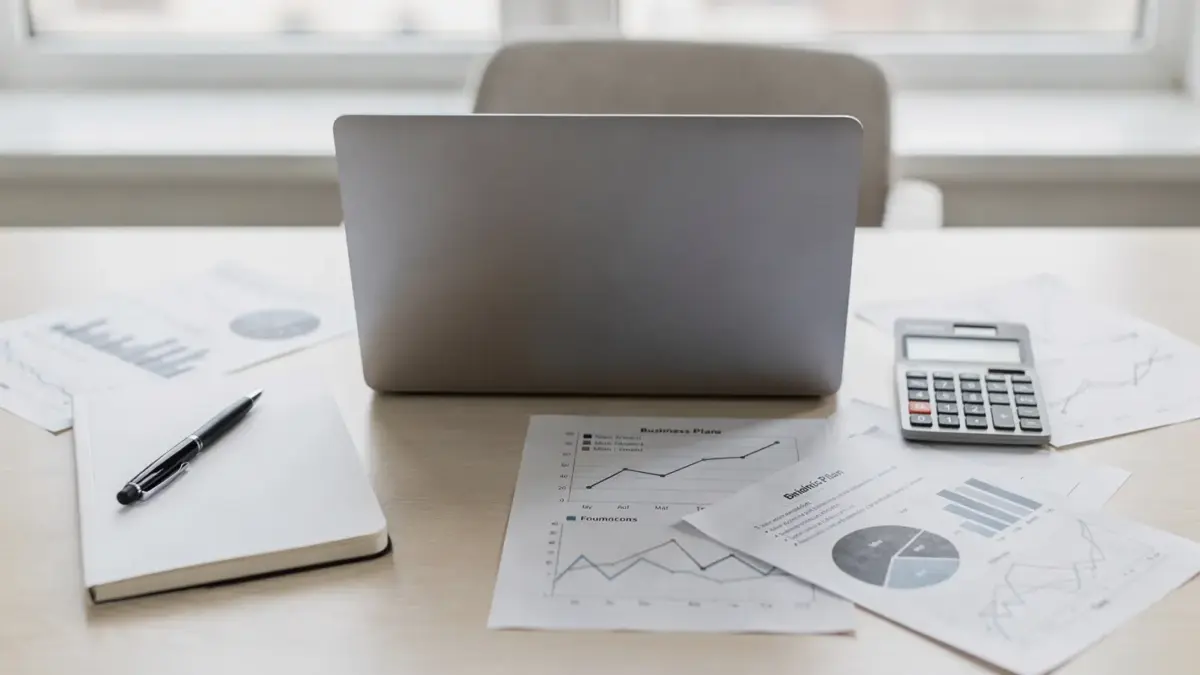 Schreibtisch mit Laptop, Notizbuch und Diagrammen zum Businessplan für Einzelunternehmen