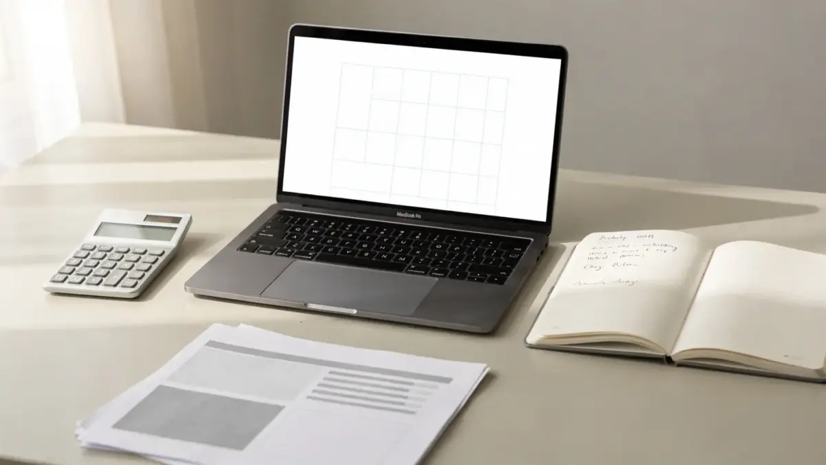 Arbeitsplatz mit Laptop, Notizbuch und Unterlagen zum Thema Geschäftskonzept erstellen