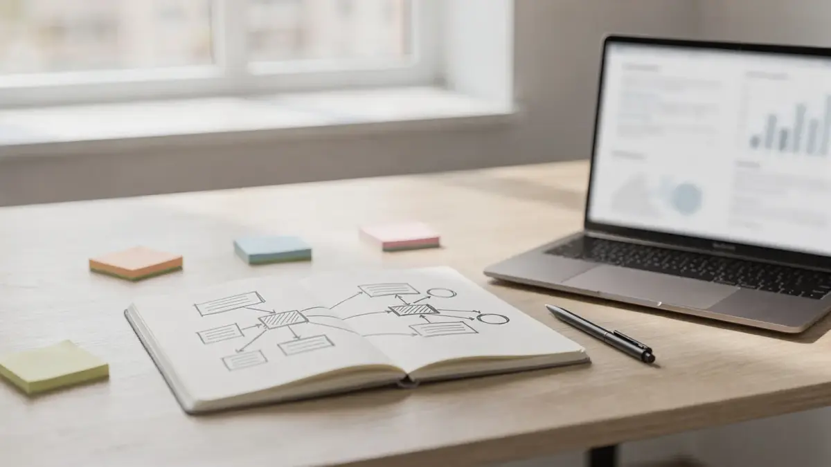 Notizbuch, Laptop und Haftnotizen für das Geschäftsmodell entwickeln in einem modernen Arbeitsumfeld