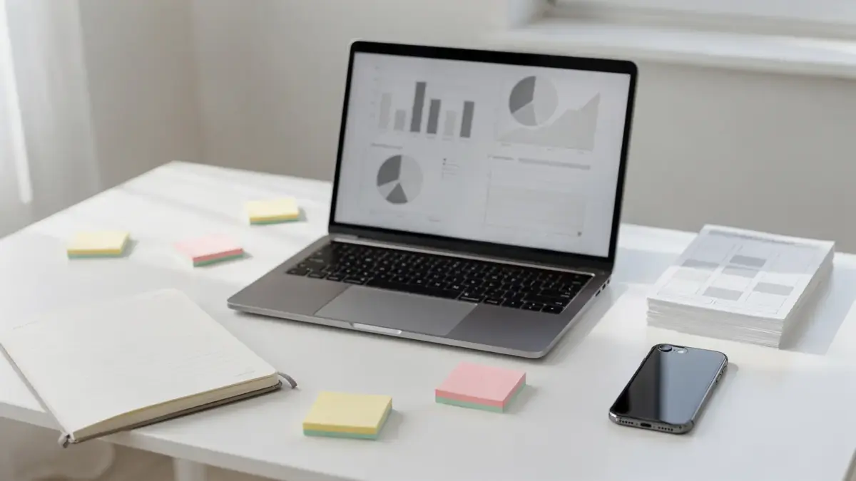 Start-up-Validierung: Laptop, Notizen und Umfragebögen zur Prüfung von Zielgruppe und Nachfrage