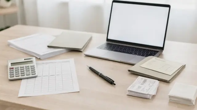 Steuerunterlagen, Taschenrechner und Laptop für Einzelunternehmer Steuern auf einem Schreibtisch