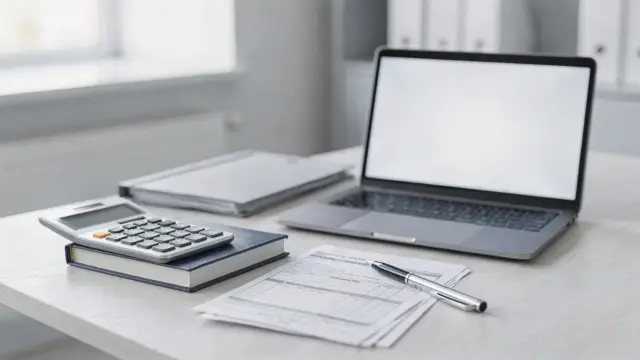 Bürodesk mit Steuerunterlagen und Taschenrechner zum Thema GmbH Steuern und Pflichten
