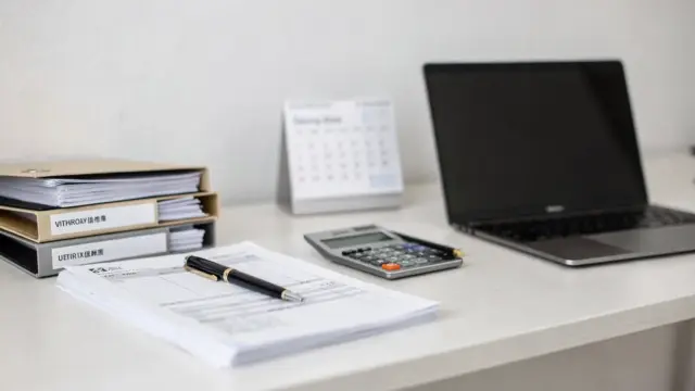 Kalender, Taschenrechner und Unterlagen zum Thema Steuerfristen für Selbstständige beim Finanzamt