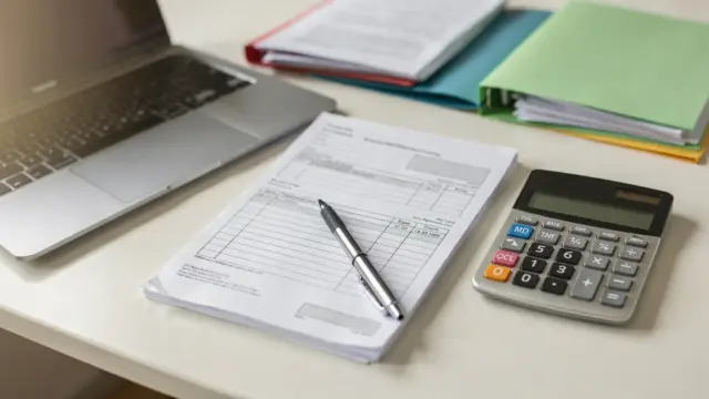 Tisch mit Taschenrechner, Unterlagen und Laptop zum GKV-Beitrag für Selbstständige