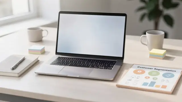 Kundschaft definieren: Laptop, Notizbuch und Segmentierungsboard zur Zielgruppenanalyse im Business