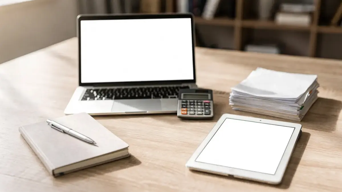 Arbeitsplatz mit Laptop, Notizbuch und Unterlagen zu Gründungsformen der Selbstständigkeit