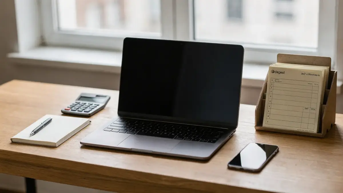 Homeoffice mit Laptop und Unterlagen zum Thema nebenberuflich selbstständig