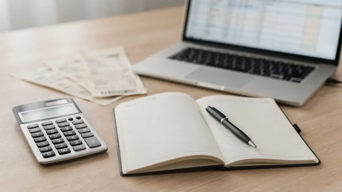 Schreibtisch mit Taschenrechner, Belegen und Laptop zur EÜR für kleine Unternehmen