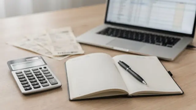 Schreibtisch mit Taschenrechner, Belegen und Laptop zur EÜR für kleine Unternehmen