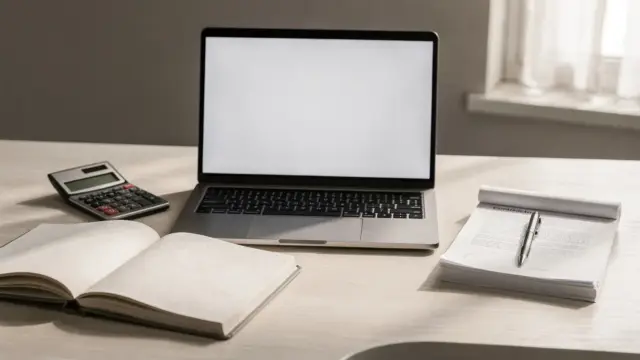 Tidy Schreibtisch mit Laptop und Unterlagen zum Thema Berufshaftpflicht für Freiberufler
