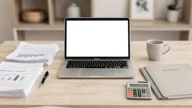 Homeoffice mit Unterlagen, Taschenrechner und Laptop zum Thema Haftung selbstständig und Absicherung