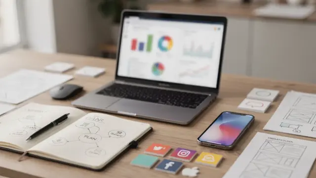 Schreibtisch mit Laptop und Planungsunterlagen zur Kundengewinnung ohne Werbebudget über organische Kanäle