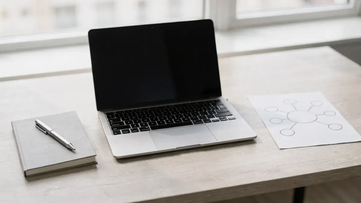Schreibtisch mit Laptop und Notizbuch zum Thema Empfehlungsmarketing für Kundengewinnung