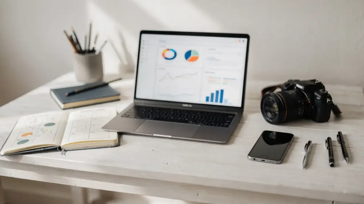 Home-Office mit Laptop, Content-Plan und Kamera zum Thema Content Marketing für Selbstständige