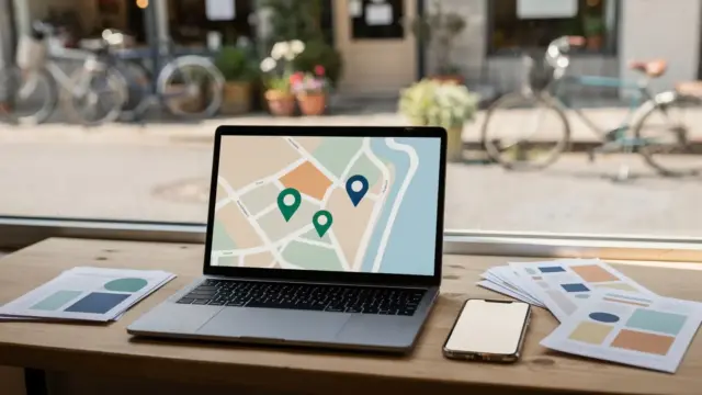 Lokales Marketing mit Schaufenster, Laptop und Kartenansicht für lokale Sichtbarkeit im Internet und vor Ort