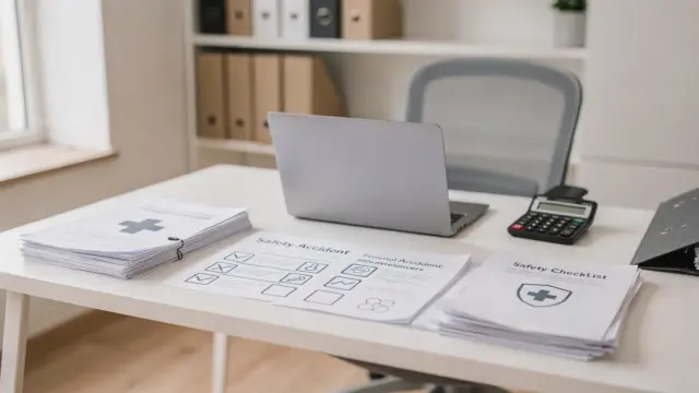Arbeitsplatz mit Unterlagen zur Unfallversicherung für Selbstständige
