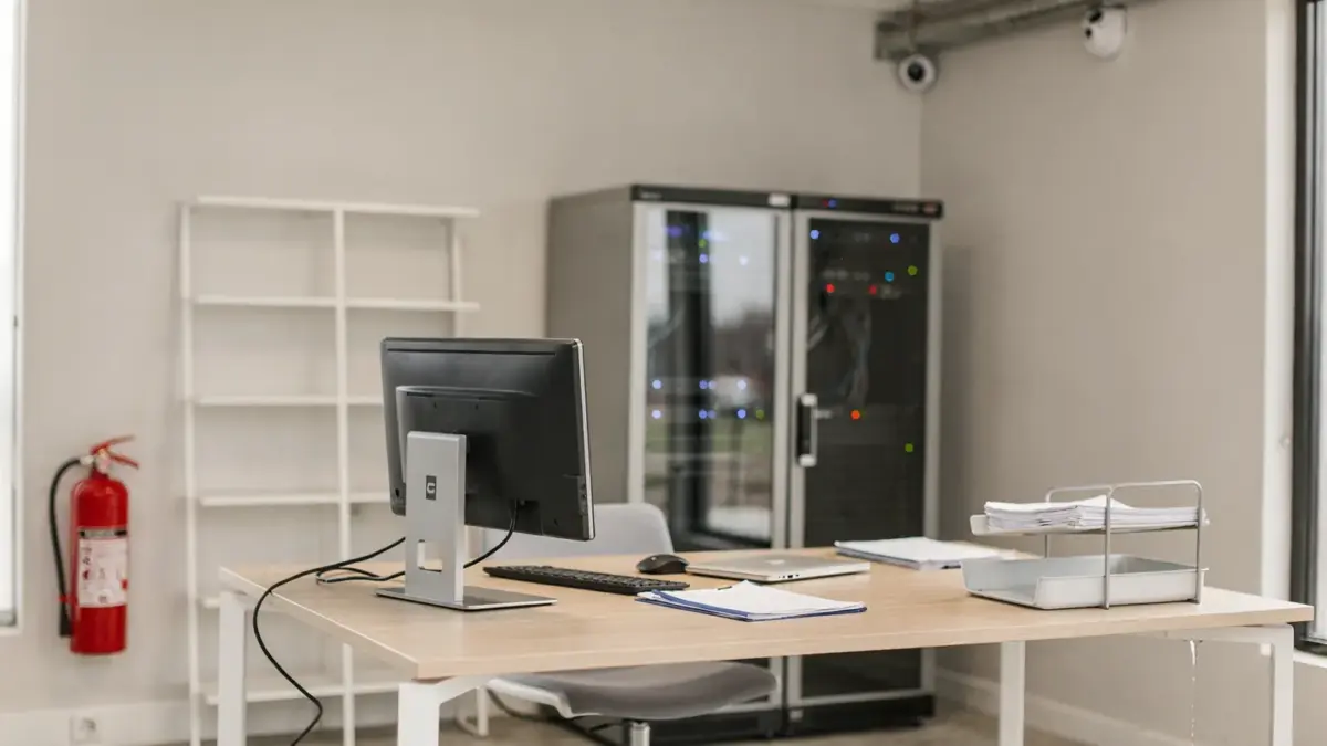 Büro mit Feuerlöscher, Wasserschutz und Technik für Sachversicherung für Unternehmen