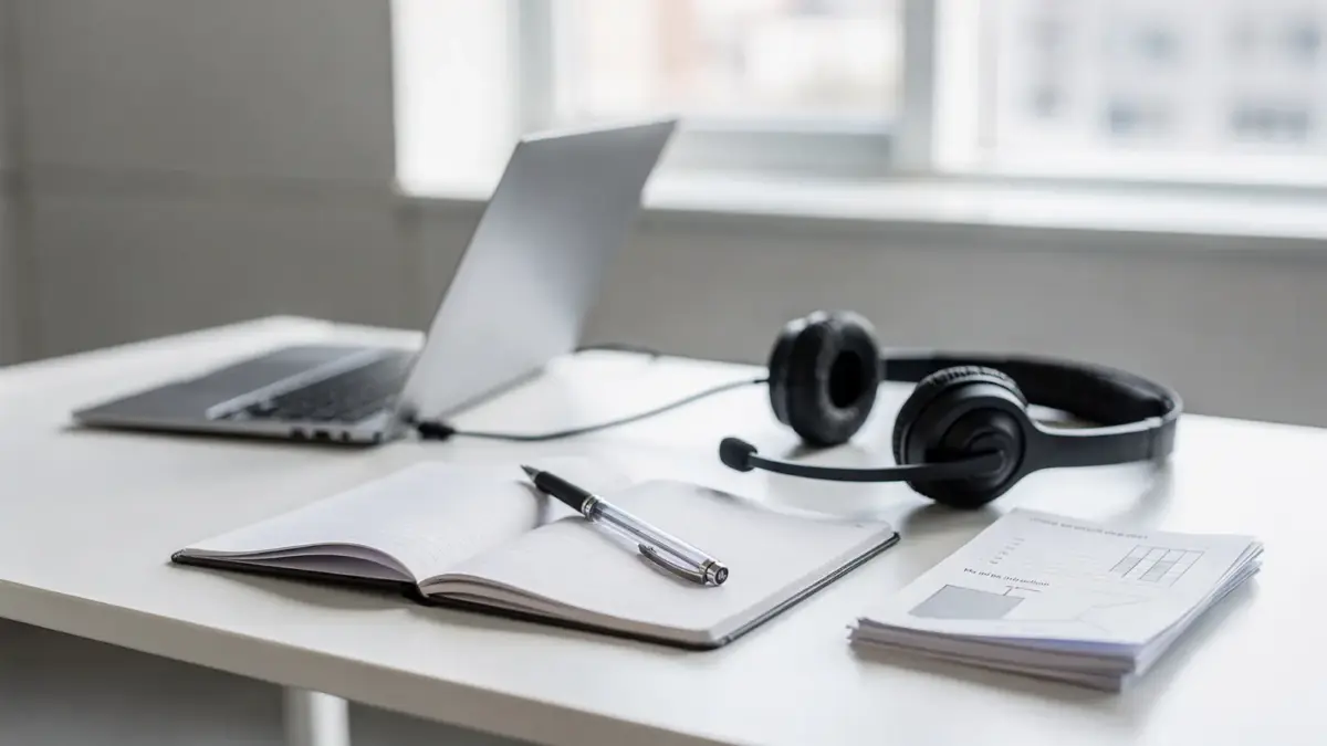 Kundenservice-Arbeitsplatz mit Laptop und Headset zur Reklamation bei Kunden