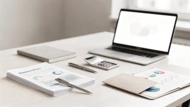 Businessplan-Dokument auf einem Schreibtisch mit Laptop und Unterlagen zum Thema Businessplan-Pflicht