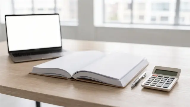 Businessplan auf Schreibtisch mit Laptop und Rechner für den Artikel zur Businessplan-Länge