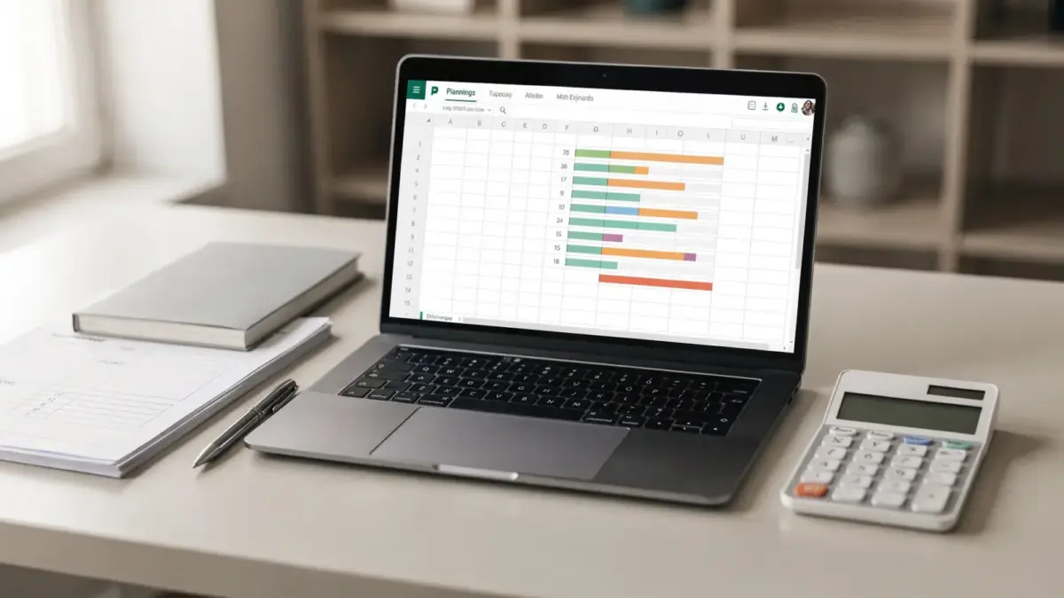 Businessplan-Vorlage auf einem Schreibtisch mit Laptop, Notizbuch, Stift und Kalkulator