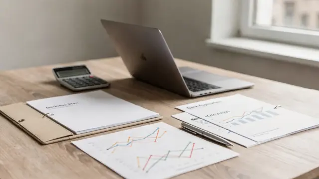 Businessplan für den Kreditantrag auf einem Schreibtisch mit Laptop, Finanzcharts und Formularen