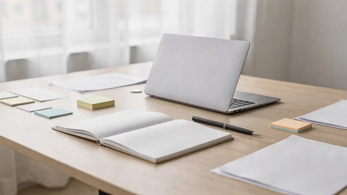 Notizbuch, Laptop und Haftnotizen für das Thema Geschäftsidee finden und Gründung