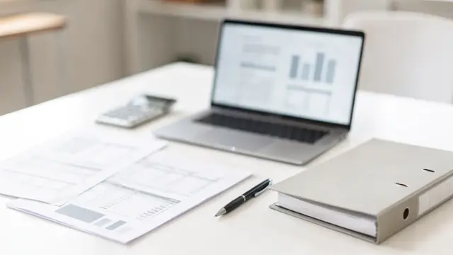 Businessplan für eine GmbH auf einem Schreibtisch mit Unterlagen, Laptop und Taschenrechner