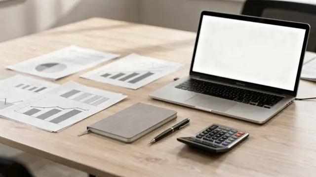 Businessplan zur Geschäftsidee auf dem Schreibtisch mit Dokumenten, Notizbuch, Laptop und Taschenrechner