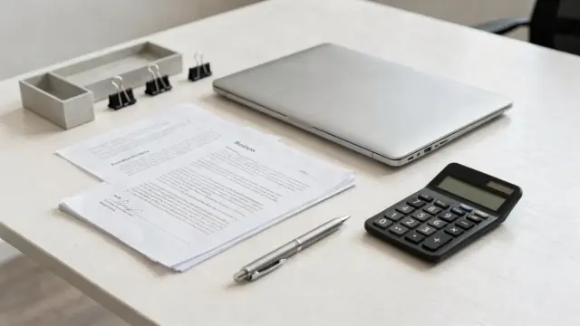Dokumente, Laptop und Rechner auf dem Schreibtisch zum Thema Rechtsform für eine Geschäftsidee.