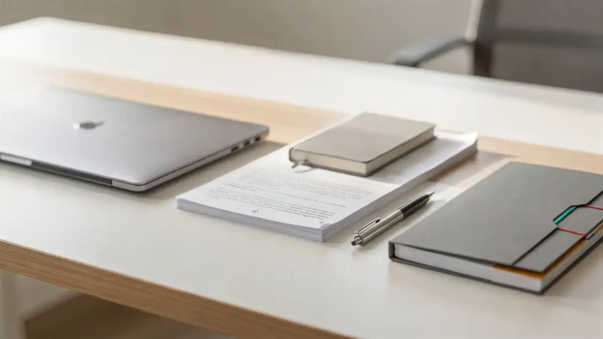Büro-Desk mit Unterlagen und Laptop zum Thema Geschäftsidee schützen