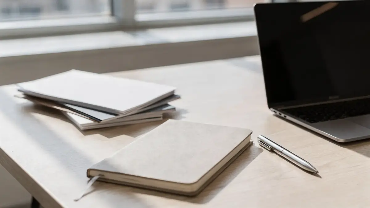 Marke für Geschäftsidee: Notizbuch, Laptop und Dokumente auf einem Schreibtisch zur Markenstrategie