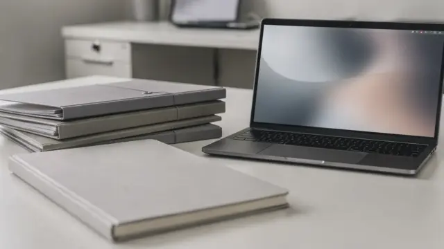 Vertrauliche Geschäftsidee mit Notizbuch, Vertragsmappen und Laptop auf dem Schreibtisch