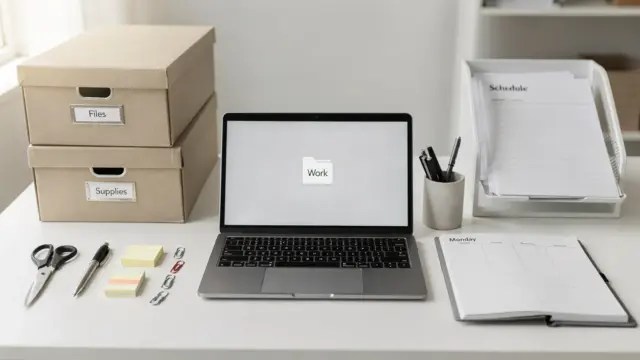 Büroorganisation im kleinen Unternehmen mit Ordnern, Ablagen und sortierten Büromaterialien auf einem Schreibtisch