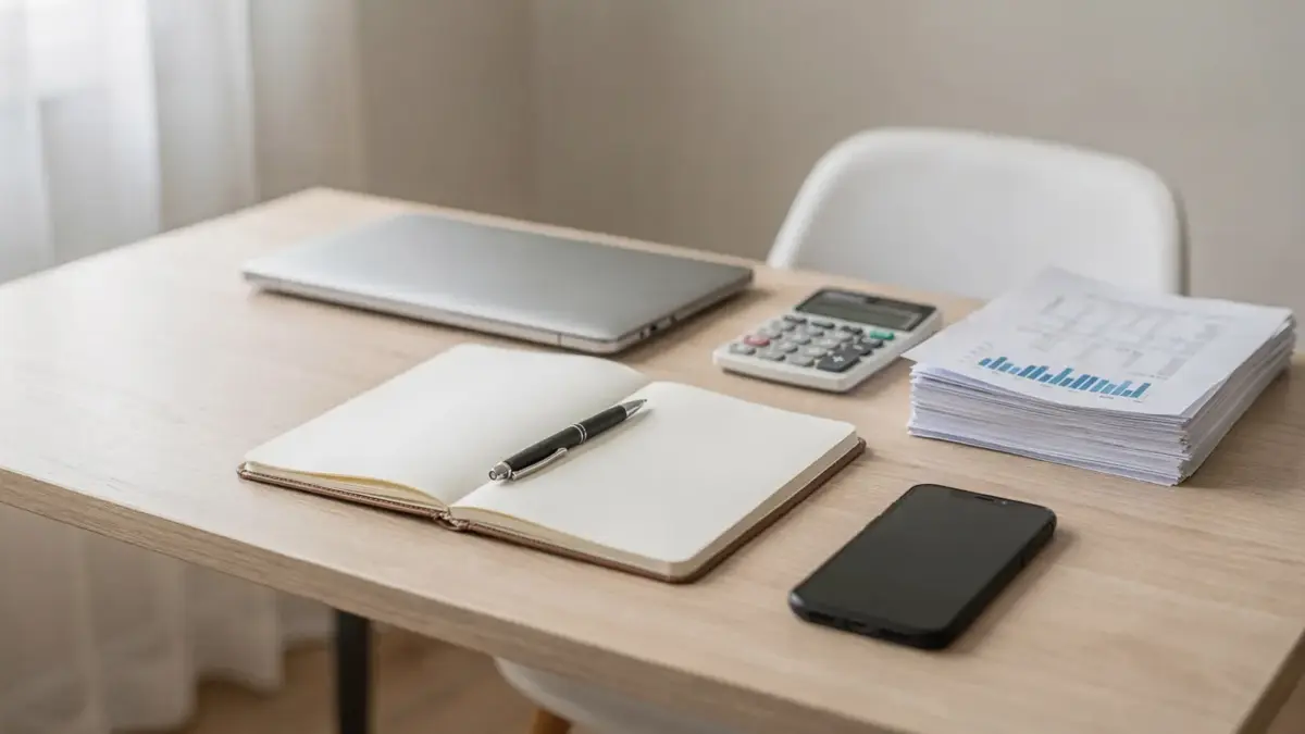 Homeoffice mit Laptop, Notizbuch und Unterlagen zur Förderung nebenberuflich gründen