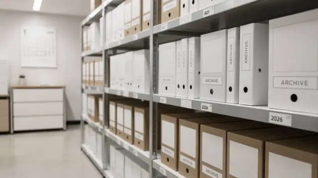 Archivierte Geschäftsunterlagen in Ordnern und Boxen zu Aufbewahrungsfristen für Geschäftsunterlagen