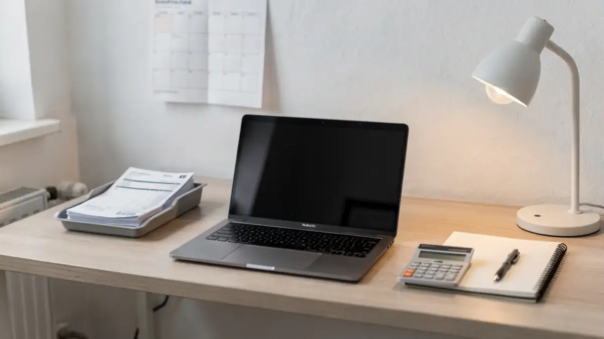 Homeoffice mit Laptop, Belegen und Taschenrechner zum Thema Kleinunternehmer nebenberuflich