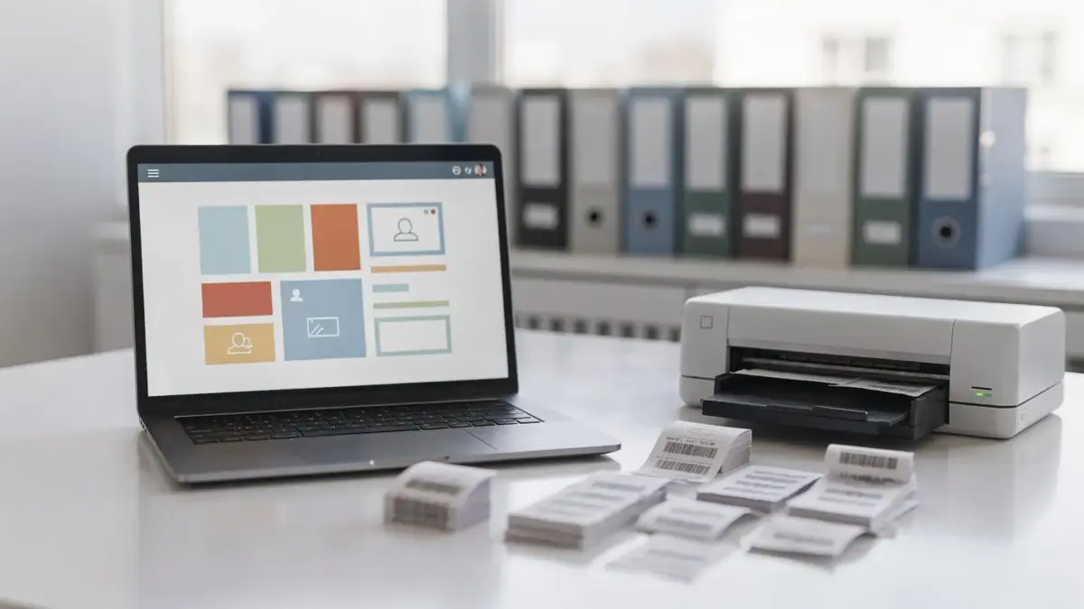 Belegarchivierungssoftware in einem Büro mit Laptop, Scanner und geordneten Belegen zur revisionssicheren Archivierung