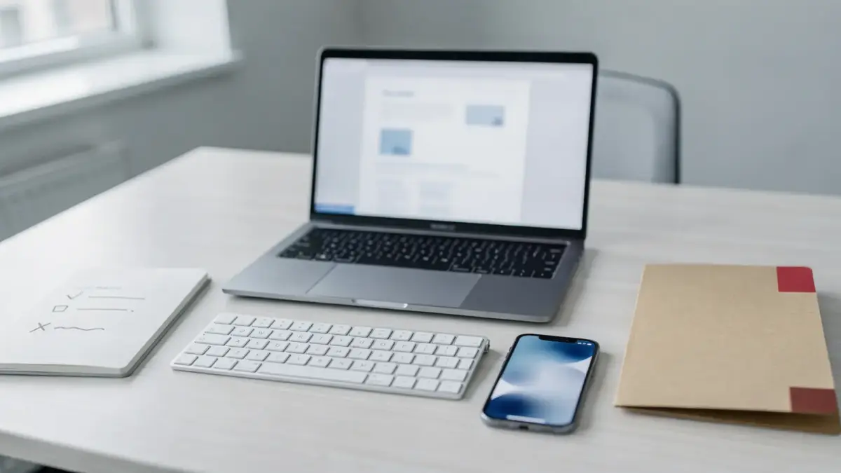 Büroarbeitsplatz mit Laptop, Checkliste und Akte zum Thema Datenschutz bei Bürosoftware